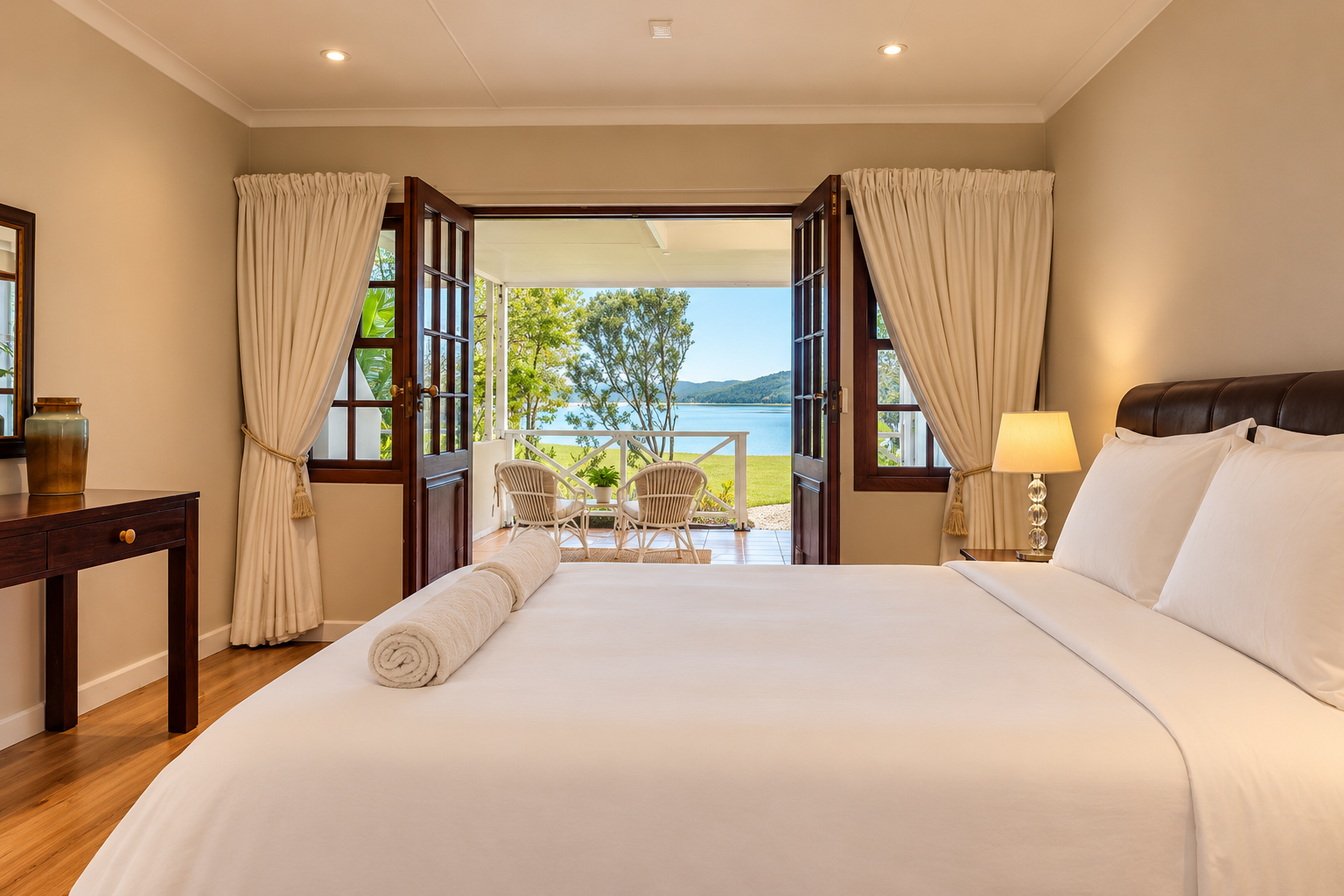 Main bedroom at Fish Eagle Chalet with a queen bed in white linen and French doors opening onto a lake-view patio