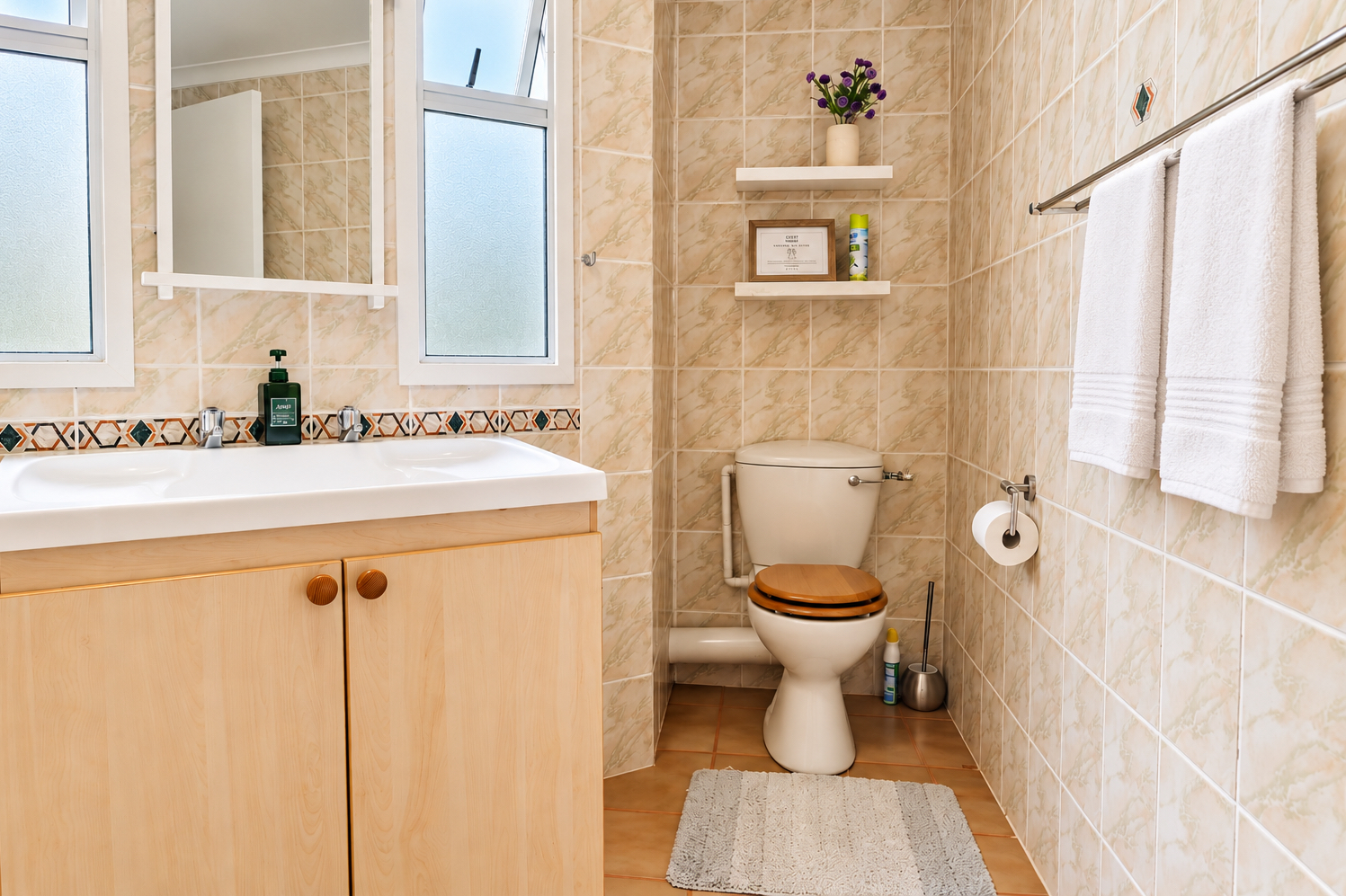 Sunbird Chalet bathroom with a wooden vanity and basin, frosted windows either side of the mirror, and towels on a chrome rail
