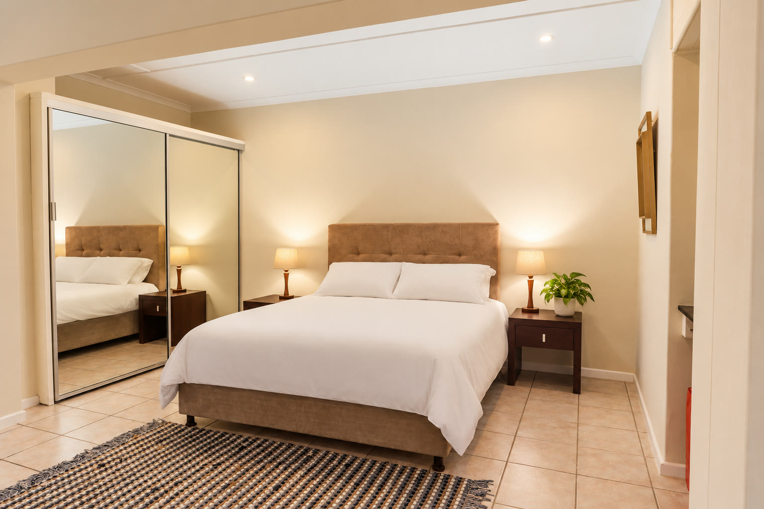 Main bedroom at Loerie Chalet with a queen-size bed, mirrored wardrobes and bedside lamps